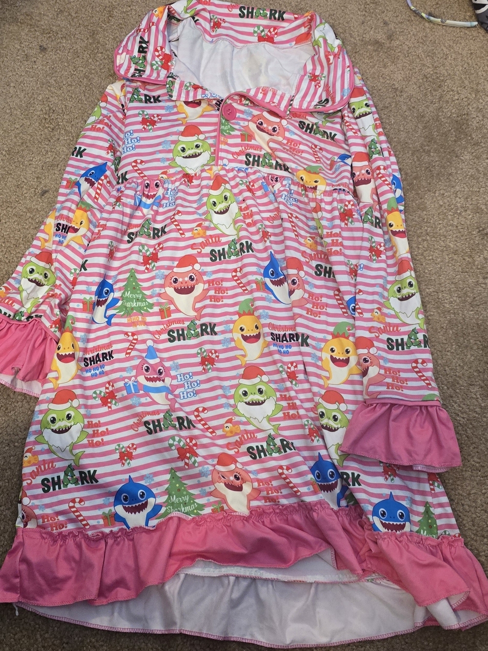 Kids Baby Shark Pink Holiday Ruffle Pajama Dress